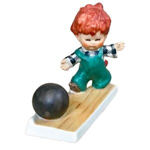Vintage Goebel Bowler Porcelain Figurine Red Haired Boy Bowling Sports Cute